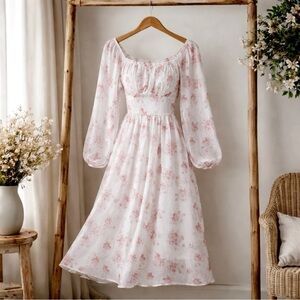 Romantic Cottagecore Floral Chiffon Midi Dress Medium Prairie Feminine Empire